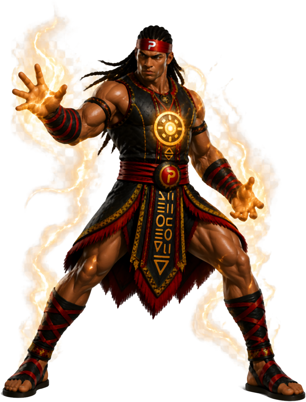 Paradise Game — the Champion warrior in a power stance, energy crackling from his raised hands, wearing the headband 'P' emblem and the golden sun chest crest